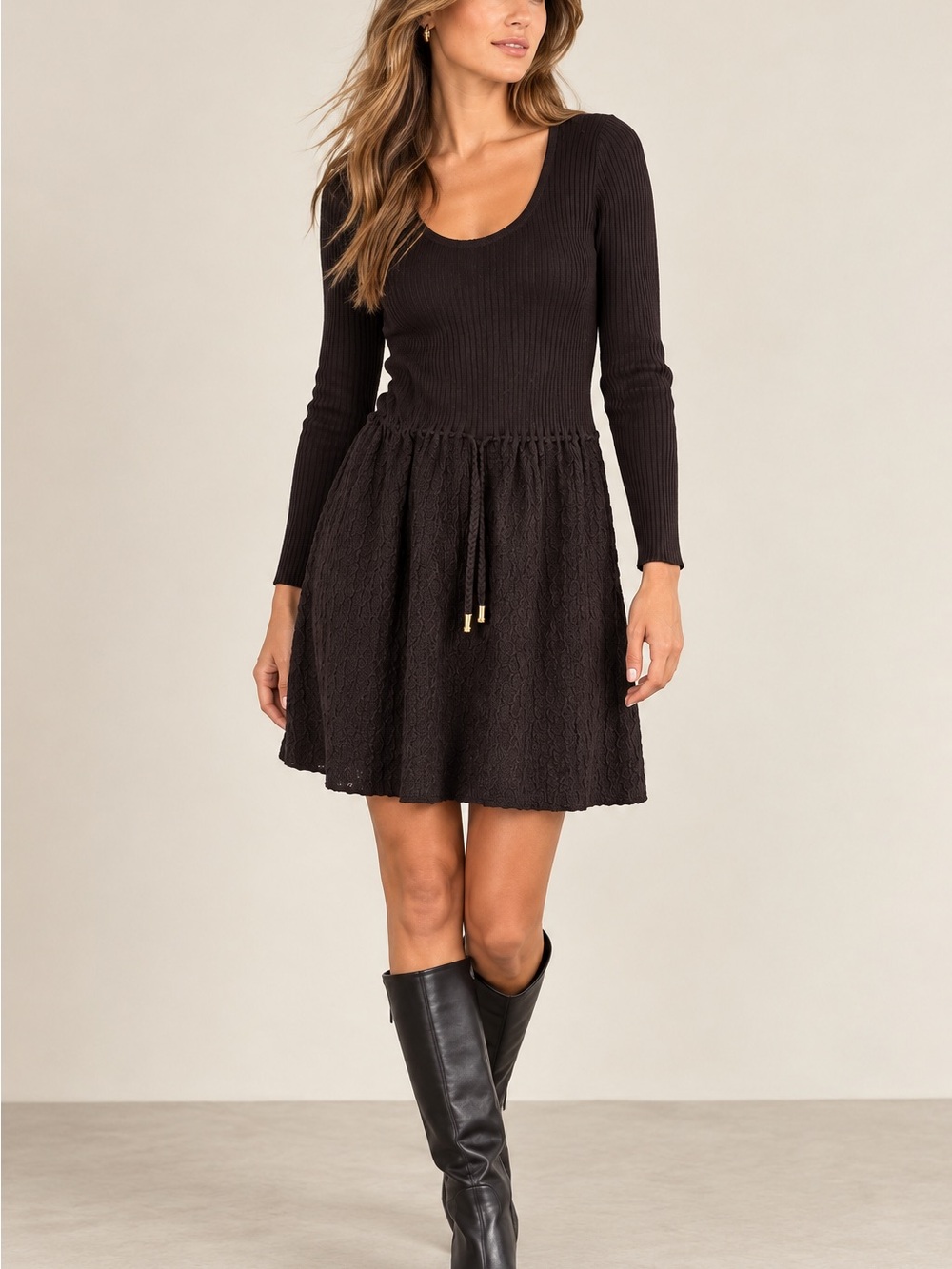 St. John Brown Wool Blend Ribbed Knit Drawstring Dress S